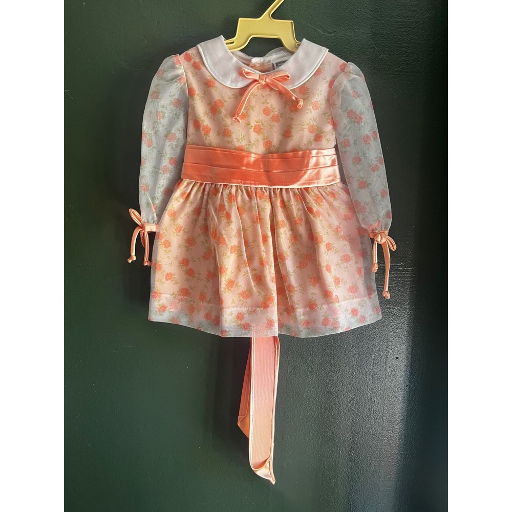 Vintage Montgomery Ward Girls Peach Floral Satin Sash Dress Size 2T NWT cottage